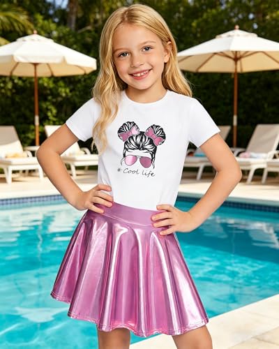 Image of Betusline Girls 2 Piece Outfits Short Sleeve Crop Top and Metallic Skater Skirt Set for Kids Dance Party Tennis, 4-14Y