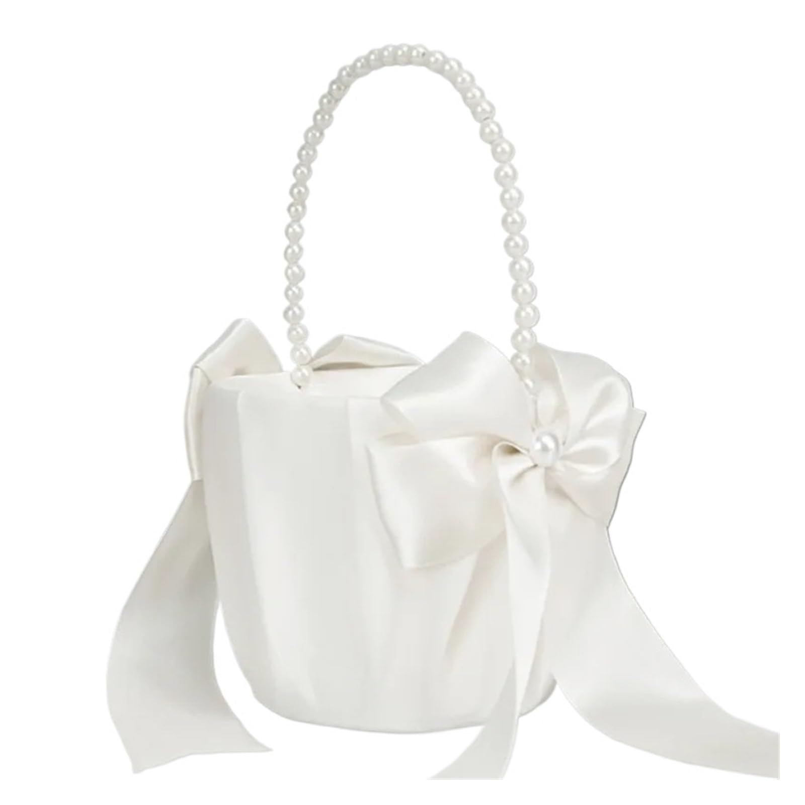 Wedding Petal Confetti Basket, Flower Basket White Pearl Handle Ribbon Bow For Wedding Party Home Decoration