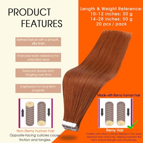 Image of Full Shine Tape Extensions Human Hair Remy Tape in Extensions Color 550 Orange Red Adhesive Seamless Skin Weft Long Extension Add Length 18Inch 50Gram Natural Brazilian for Women 20Pcs