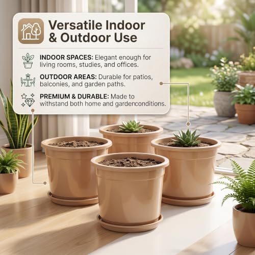 Image of 12 Inch Glossy Dune Beige Plastic Planter with Bottom Plate | Heavy Duty Flower Pot with Tray for Indoor Home Decor, Balcony, Living Room & Outdoor Garden (3 Pot, Dune Beige)