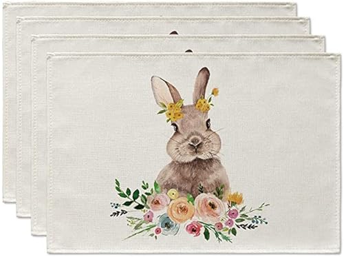 Oster-Tischsets mit Hasenmotiv, für Esstisch, 30,5 x 45,7 cm, für Frühling, Sommer, saisonale Feiertage, rustikal, Vintage, waschbar, 4er-Set (4 Stück, Kaninchen) Cover