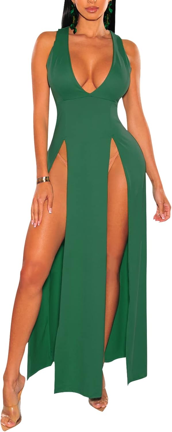 Women's Sexy V Neck Sleeveless High Split Club Party Maxi Dresses