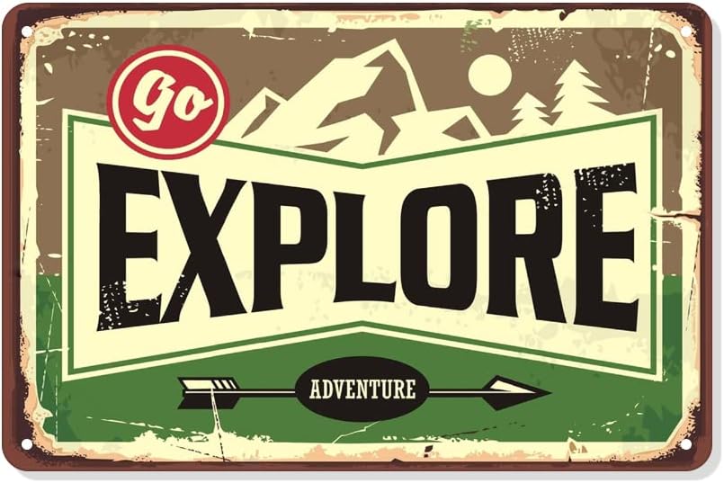 ORIMAMI Letreros decorativos de metal con diseño de bosque de aventura, camping, tienda, parque nacional, vintage, viajes, garaje, baño, cueva de