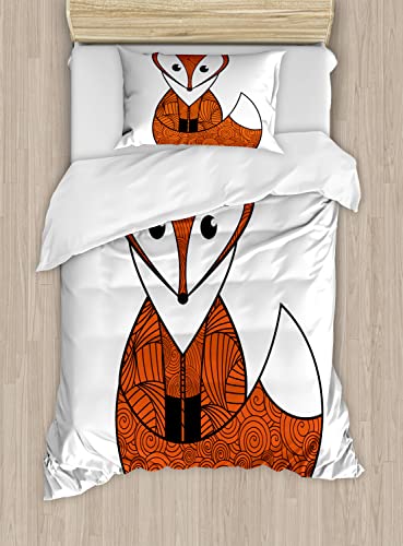 Ambesonne Fox Duvet Cover Sets, Cartoon Young Animal Character Spiral Patterns Friendly Charming, Bedding Set with 2 Duvet Covers & 2 Pillowcases, 2 Pack Twin Size, Orange Black