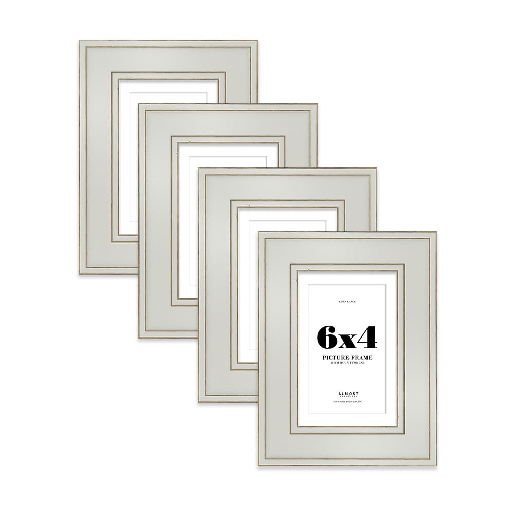 6x4" Light Grey Picture Frame with 5x3" Mount - Shabby Chic Photo Frame with Distressed Finish, Gold Trim, Wall Hooks and Kickstand, 37mm Edge - 4 Pack