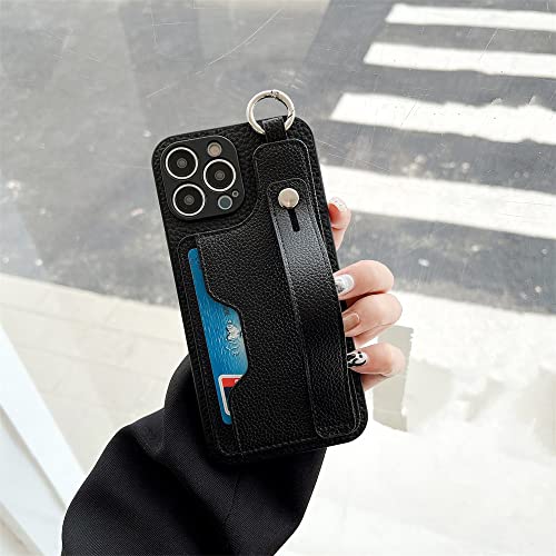 Couverture arrière iPhone 12 Pro portefeuille cuir litchi noir avec dragonne