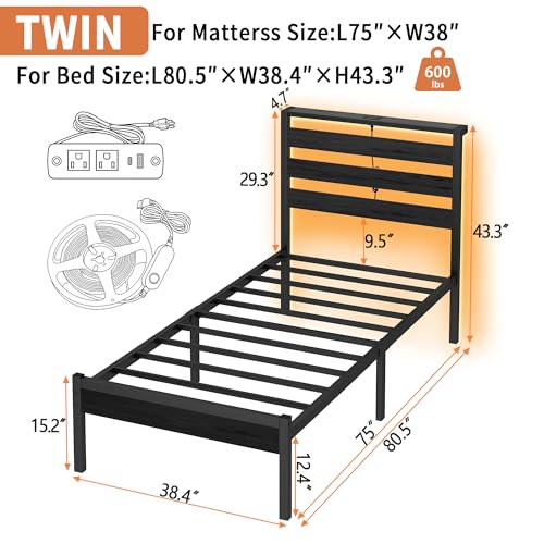 Image of CLIBFENG Bed Frame Twin Size with USB Charging Station, LED Bed Frame with Wood Storage Headboard, Black Metal Platform Bed with Under Bed Storage, No Box Spring Needed, Noise Free