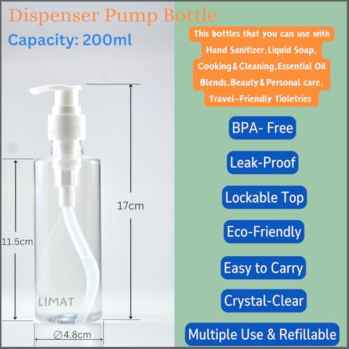 Image of LIMAT 200ml Cream & Lotion, Liqiud Handwash Dispenser Set Shop Dispenser for Bathroom Handwash Dispenser Plastic, Hair Oil Dispenser (Set of 3 Transparent Bottle with White Pump, Small 200ml