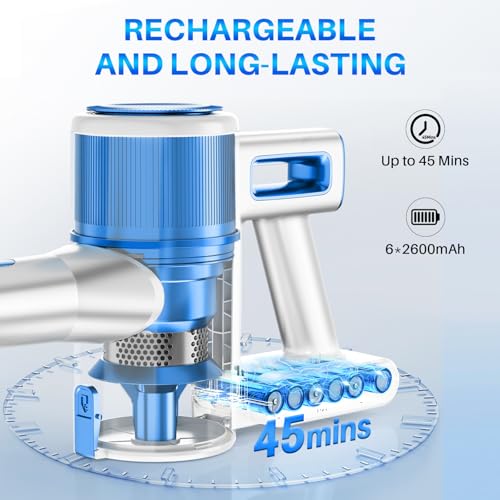 Cordless Vacuum Cleaner - Rechargeable, 45Kpa Powerful Suction Stick Vacuum Cleaners for Home, 8-in-1 Lightweight Vacuum Cleaner with High-Speed Brushless Motor for Hardwood Floors/Carpets, Blue