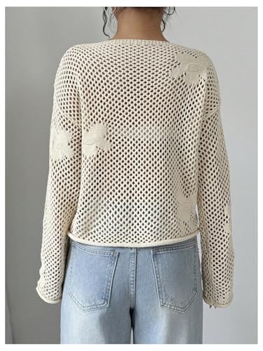 MakeMeChic Women's Floral Boat Neck Sheer Hollow Out Sweater Long Sleeve Pullover Top2