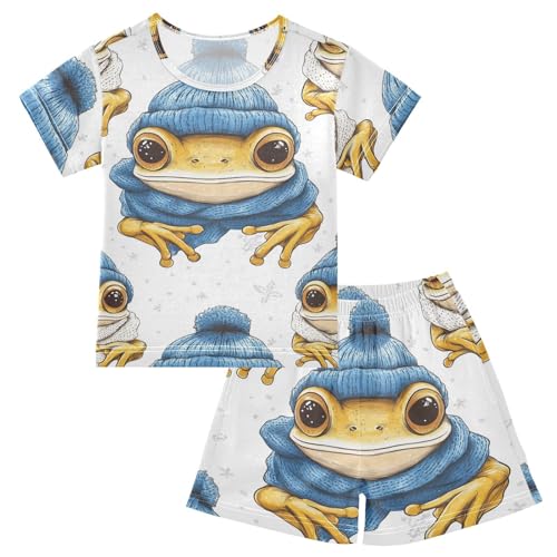 Pajama Short Sets Frog Wearing Winter Blue Hat Soft Cotton Summer Sleepwear 2 Piece PJS Size 5-14T