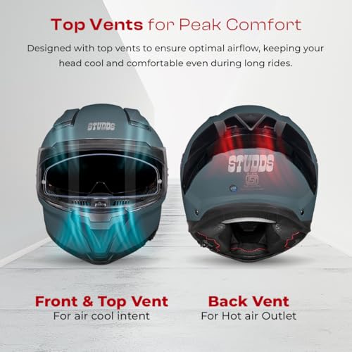 Image of STUDDS Helios ISI and DOT Certified Full Face Helmet with Antifog 100 Lens, Sporty Spoiler (Shark Skin MATT Blue - L)