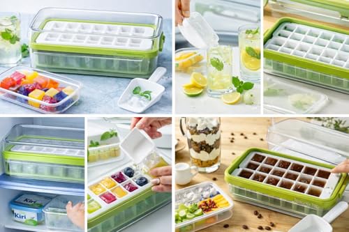 Image of Silicone Ice Cube Tray with Lid, Storage Box & Scoop | Easy Release Ice Maker Mold | Stackable, Spill-Proof Ice Tray for Freezer, Drinks & Cocktails (Cream)