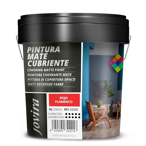 JOVIRA PINTURAS Pintura Mate Cubriente | 24 colores | Pintura interior-exterior con excelente poder cubriente. (15 Litros, Rojo Pasión)-T
