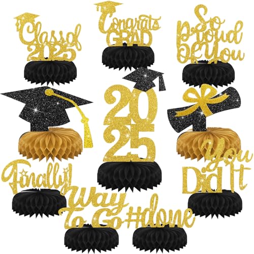 Beeveer 10 Pcs Graduation Decorations Class of 2025, Table Glitter Graduation Centerpieces Honeycomb, Congratulate Grad Table Toppers Decor for 2025 Congrats Grad Party Supplies(Black and Gold)