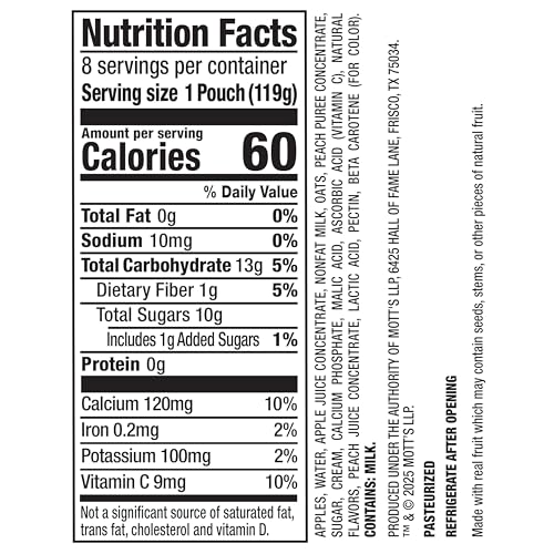 Mott&rsquo;s Fruit Smoothies Vanilla Peach, 4.2 oz clear pouches, 8 Pack, Made With Milk, Made With Real Fruit, Good Source of Calcium, On-the-Go