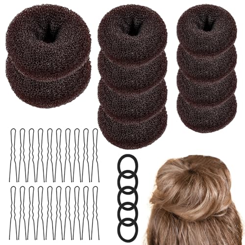 GOLRISEN Accesorios para Hacer Moños, 10 Donuts para Moño Marrones de 3 Tamaños 5 Gomas de Pelo y 20 Horquillas de Pelo Gomas de Pelo para Hacer Moño Grande Mediano y Pequeño para Niñas Mujeres