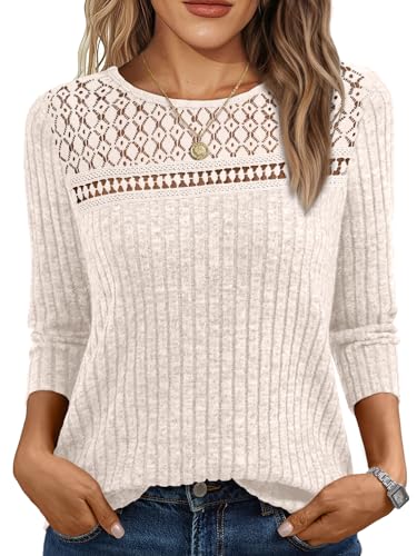 AUTOMET Womens 3/4 Length Sleeve Tops Fall Fashion 2025 Lace Work Tunic Blouses Dressy Casual Shirts Sweater Clothes Outfits