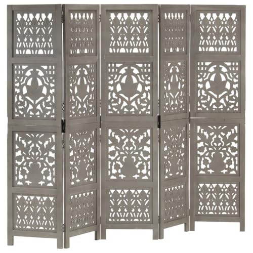 vidaXL Biombo 5 Paneles Tallado a Mano Divisor Pantalla Separador Dormitorio Salón Oficina Despacho Sala de Estar Decoración Gris Madera Mango