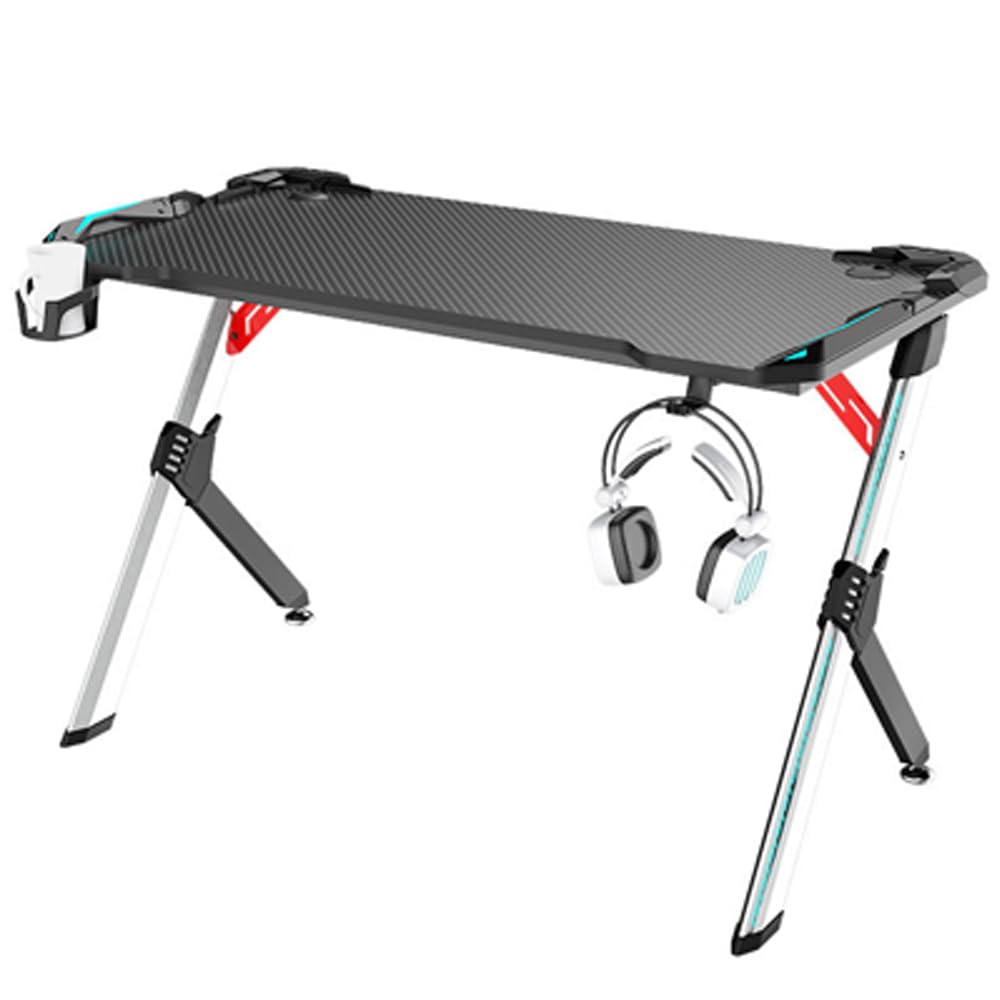 Bureau Gamer LED RGB, 113 x 60 x 75 cm, Support Casque et Gobelet, Noir/Rouge