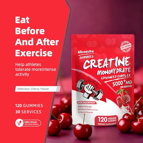 Image of Allcoovita Creatine Monohydrate Gummies 5g for Men & Women. Boost Focus,Strength, and Endurance, Anti-Melting Formula, Vegan, Gluten-Free, Non-GMO,(Cherry 120 ct)