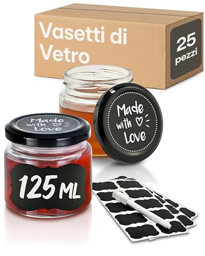 Praknu 25 Vasetti di Vetro da 125 ml - Con Etichette e Pennarello - Ermetici - Lavabili in Lavastoviglie - Ideali per Bomboniere