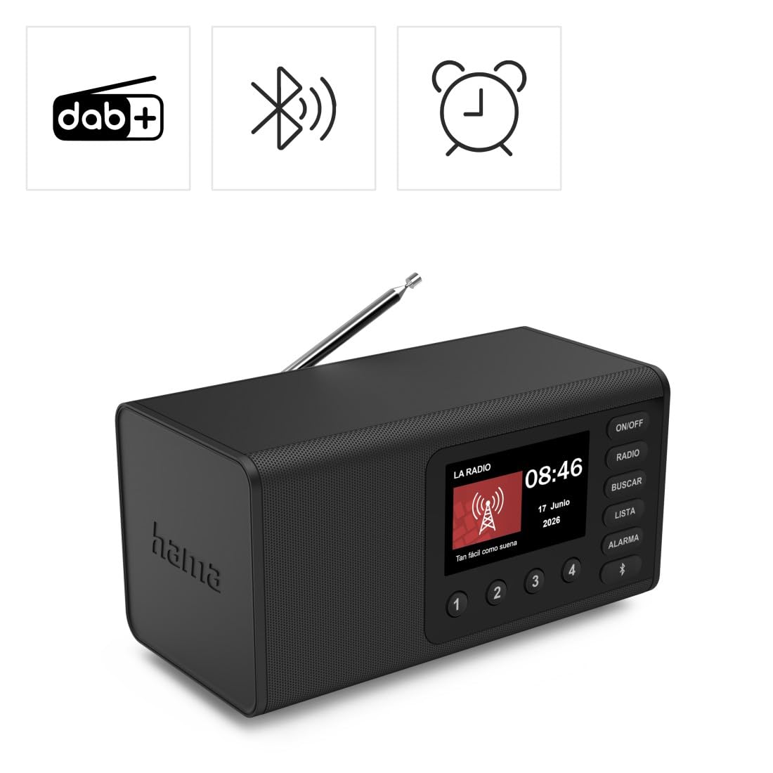 Hama | Digitales DAB/DAB+ und FM Radio mit Bluetooth. (Tischradio mit Farbdisplay, kabelloser Lautsprecher für Musik, Radiowecker mit 30 Voreinstellungen) Schwarz.