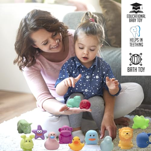 Image of Amazon Brand - Jam & Honey Baby Bath Toy Set of 13 for Toddlers I Colorful Combo of sea, Domestic and Wild Animals I Floating Chuchu Toys (Multicolor)