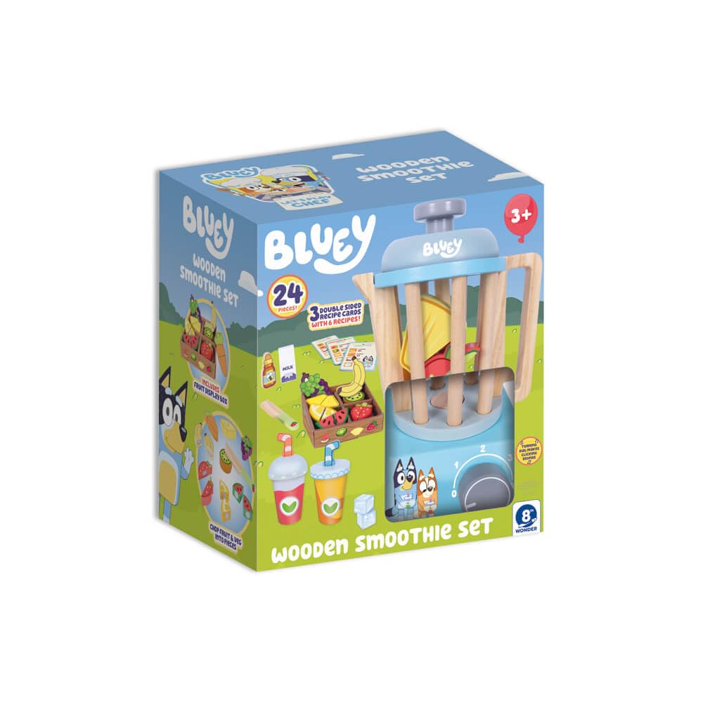 Bluey Drewniany zestaw do smoothie - blender do zabawy w udawanie i akcesoria owocowe - pomysłowa kuchnia zabawka do odgrywania ról dla dzieci w wieku od 3 lat