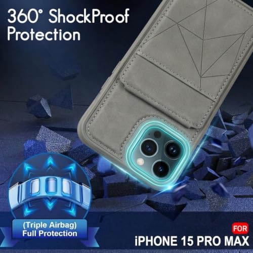 Image of amazon basics Premium Vegan Leather Back Cover with Card Holder and Integrated Mobile Stand for iPhone 15 Pro Max - Slim Shockproof Wallet Case with Geometric Stitching [Gray]
