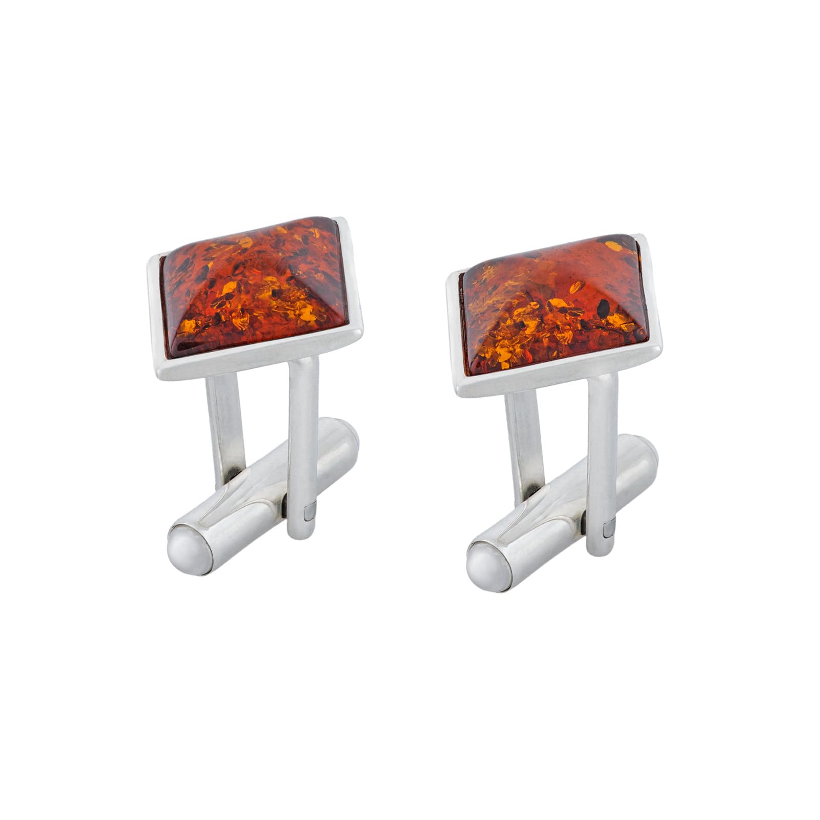 Herren Manschettenknöpfe Karo aus Silber mit Bernstein, moderne Form, poliertes Sterling Silber, Natur Bernstein in Cognac Farbe, Geschenkidee