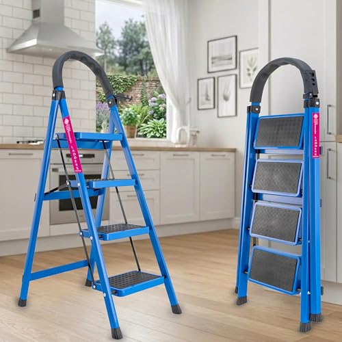 Image of Casa Copenhagen Blue 4 Step Ladder for Home Use with Built-in Tool Tray | Heavy Duty D Shape Rods | Ultra Large Platform | Wide Rubber Feet | 150Kg Capacity Foldable Ladder - 7 Years Warranty