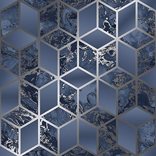 Geometric Cube Liquid Marble Navy Silver Wallpaper Elixir Metallic Modern