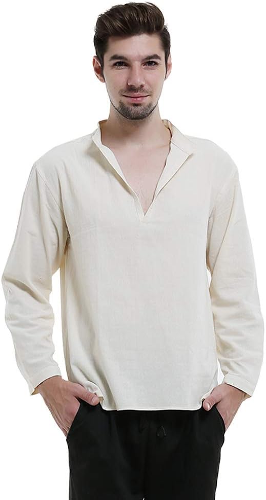 Cosplay.fm Men's Renaissance Medieval Linen Shirt V Neck Long Sleeve Pirate Top