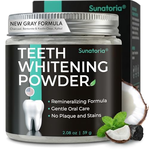 Image of Teeth Whitening Powder - Remineralizing Tooth Powder with Nano Hydroxyapatite, Charcoal + Bentonite & Kaolin Clays - Gentle Tooth Polish for Sensitive Teeth, Fluoride-Free, Mint, 2 oz