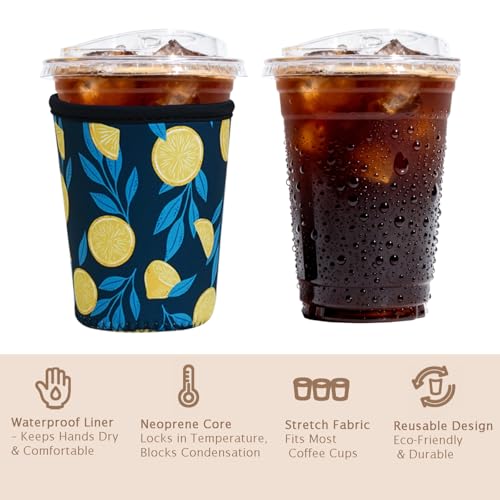 Image of Reusable Insulated Sleeve for Iced Coffee Cup, 3-Pack Coffee Neoprene Drink Sleeve for Cold & Hot Drinks, Beverage Holder for Iced Coffee (Navy Lemons)