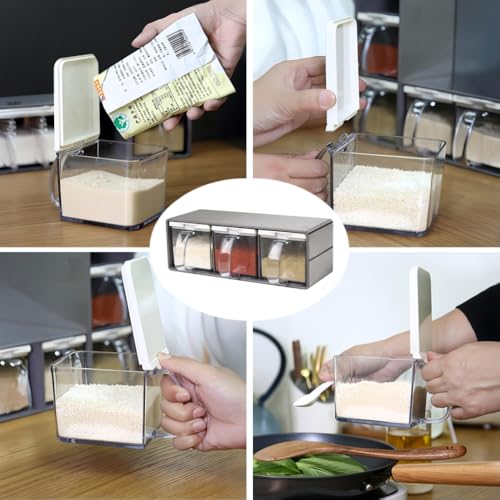 Portaspezie Ermetico con Cucchiaio - Set Barattoli Spezie Trasparenti, Organizzatore Spezie Impilabile Grande per Cassetto, Contenitore Moderno per Cucina (L) - immagine 4