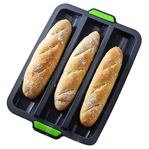 iPstyle Silicone Baguette Pan Non-stick French Bread Baking Mould, 3 Wave Loaves Loaf Bake Mold Toast Cooking Bakers Roll Pan Sandwich Mold French Baguette Bread Pan (Grey A) Cover