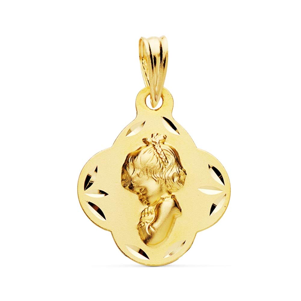 Medalla oro 18k Virgen Niña 19mm. borde tallado rombo