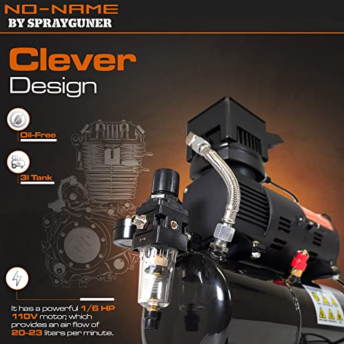 NO-NAME Cool Tooty Airbrush Compressor with 3-liter Metal Tank | 1/6 HP 110V Motor with Two Cooling Fans | 47dB & 20- 23l of Air Flow per Minute | Auto-start/Auto-stop Mechanism, Moisture Filter/Trap & 1/8” to 1/4” Adapter | Quality Control in Florida, USA