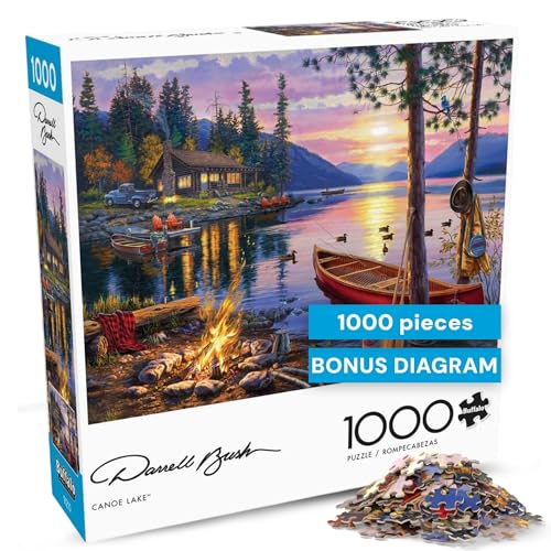 Buffalo Games - Canoe Lake 1000 Piece Puzzle for Adults - Jigsaw Puzzles – Darrell Bush Cabin Sunset Artwork with Poster – Challenging Outdoor...