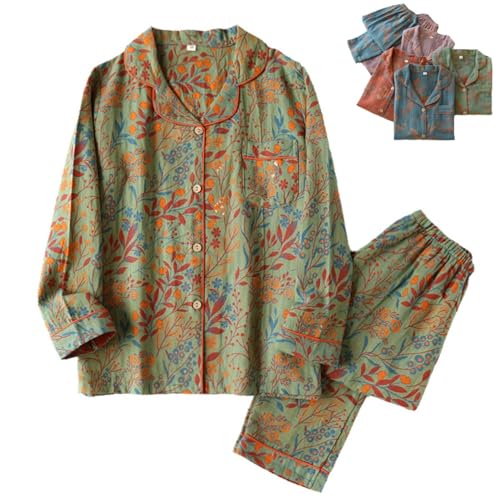 Ginkgo Leaf Button Colorful Floral Pure Pajama,Vintage Leaf Cotton Lapel Loungewear Set,Cozy Pure Cotton Housecoat