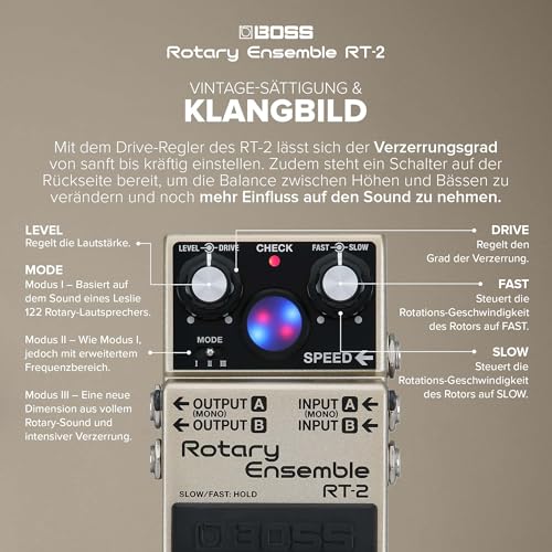 BOSS RT-2 | Kompaktes Rotary Ensemble Pedal | Authentische Rotary-Speaker-Sounds | Speziell für Gitarre & Keyboard | 3 vielseitige Modi | Mehrere Modulationseffekte in einem