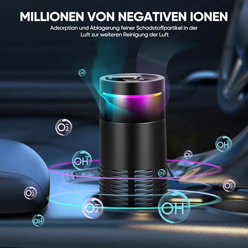 Purificador de aire para coche con filtro HEPA y carbón activado, ionizador de 500 W contra los malos olores y el humo, con luz RGB para portavasos universal (6,5 cm) negro - imagen 2