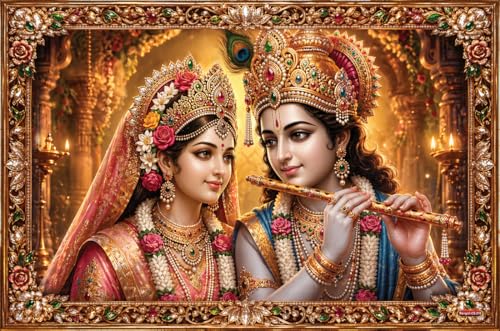 Image of Rangoli Radha Krishna Self Adhesive Poster 18x12 Inch | Divine Hindu God Wall Sticker Poster for Home Temple Pooja Room Living Room Bedroom Decor | Spiritual Devotional Wall Art