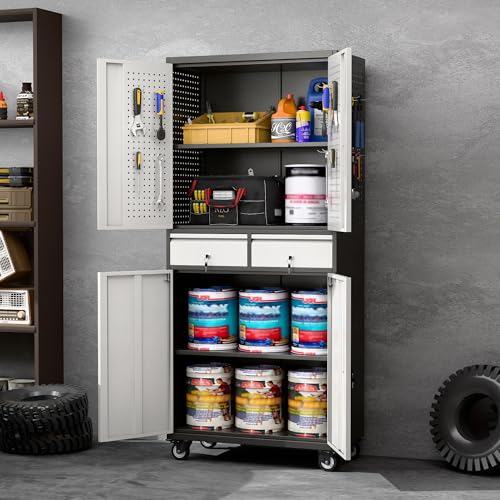 Image of Metal Garage Storage Cabinet with 2 Drawers and 2 Adjustable Shelves, Locking Rolling Tool Storage Cabinet with Wheels and Pegboard for Garage, Home, Black and Silvery