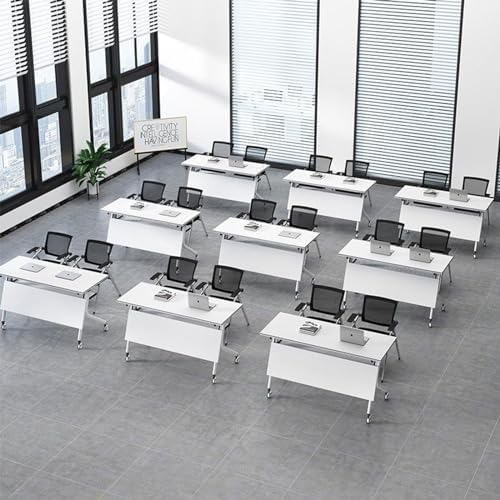 Rectangle Conference Table, White Small Conference Table, Folding Rectangle Conference Table with Silent Wheels, Multipurpose Flip Training Table for Office Meeting Room