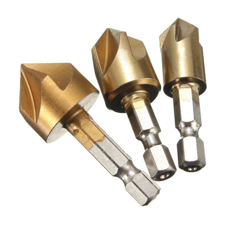 3PCS 5 Flute Chamfer Countersink 1/4" Hex Shank HSS Wood Chamfering Cutter Chamfer 12/16/19mm Countersink Drill Bit DIOBFZFY