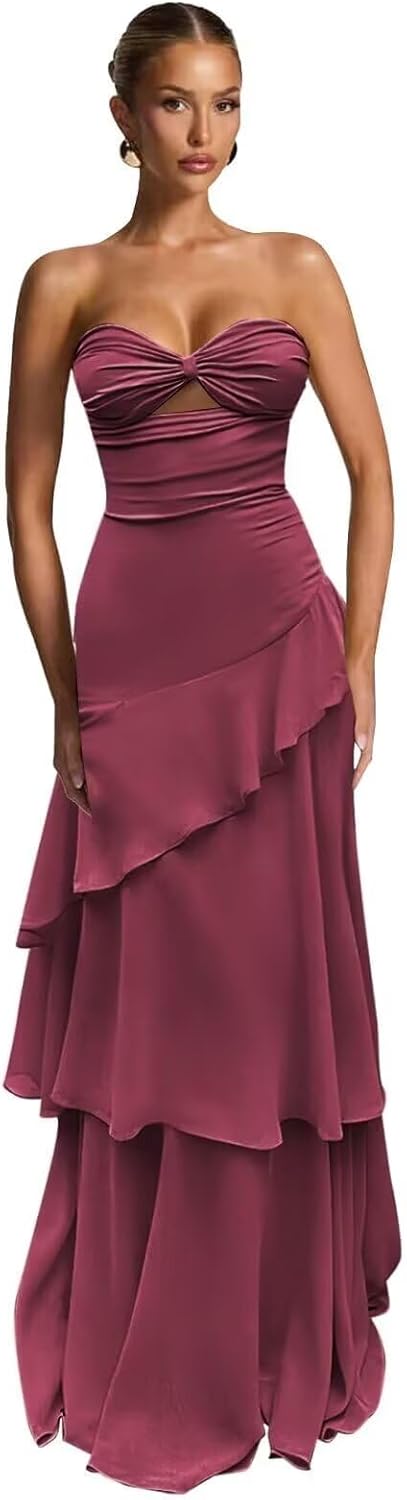 RunaCelle Tiered Chiffon Prom Dresses for Women Long Strapless Formal Dress Sweetheart Cutout Bodycon Evening Gown