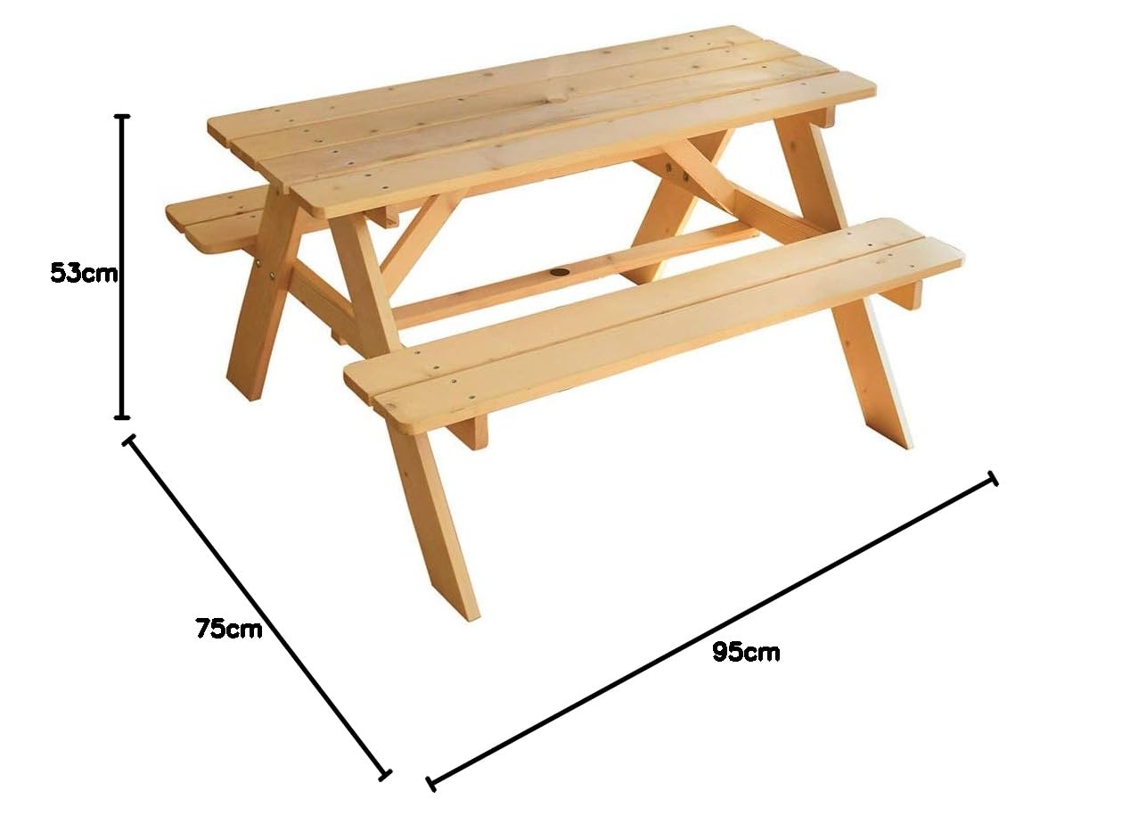 Fun House | Mesa de picnic de madera de pino natural para niños, 53 x 95 x 75 cm | Ubicación sombrilla integrada | Muebles de jardín al aire libre | Montaje fácil | Idea de regalo Plen Air a partir de